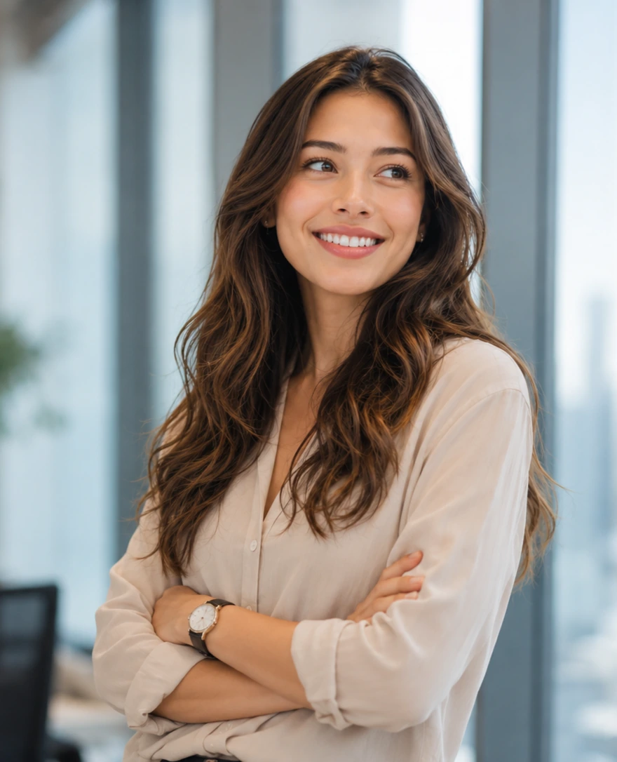 Smiling woman standing in a bright modern office