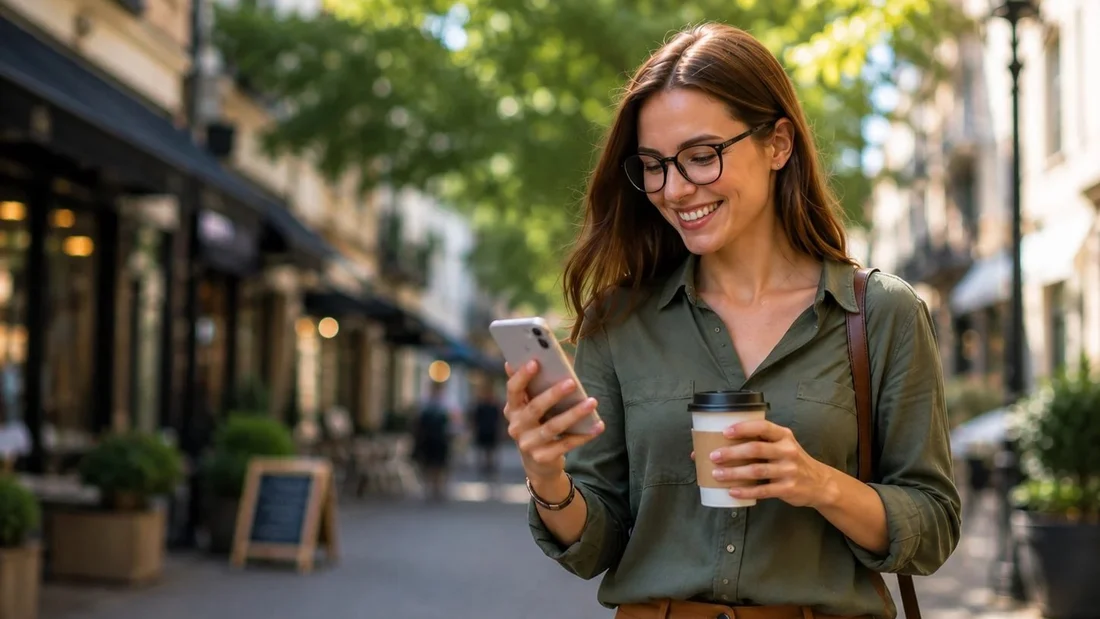 A woman smiling at her phone while walking through town