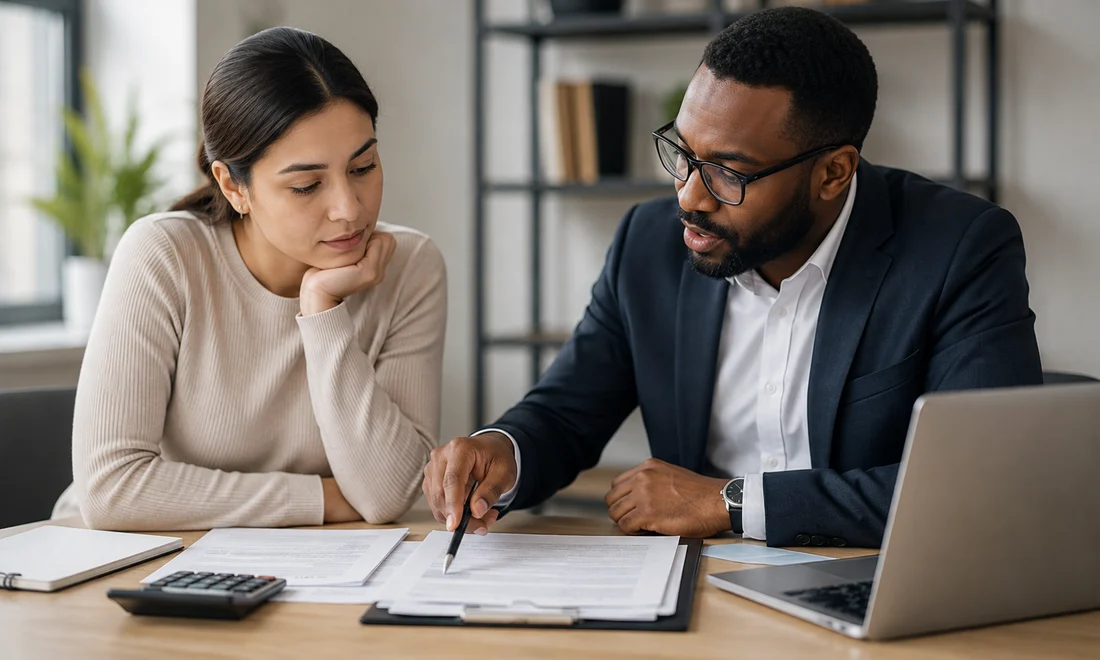 A loan officer walking a customer through the paperwork at a desk