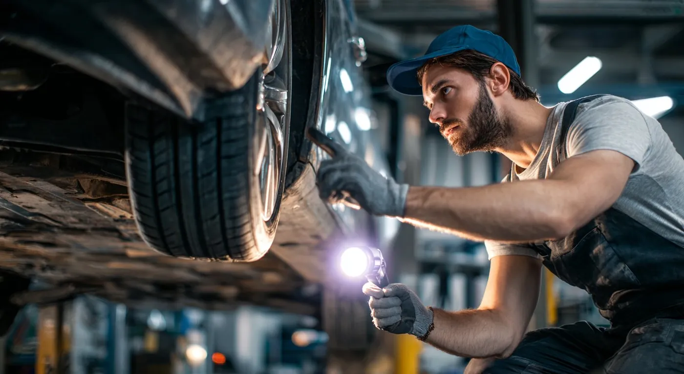 Mechanic inspecting the underside of a car with a flashlight