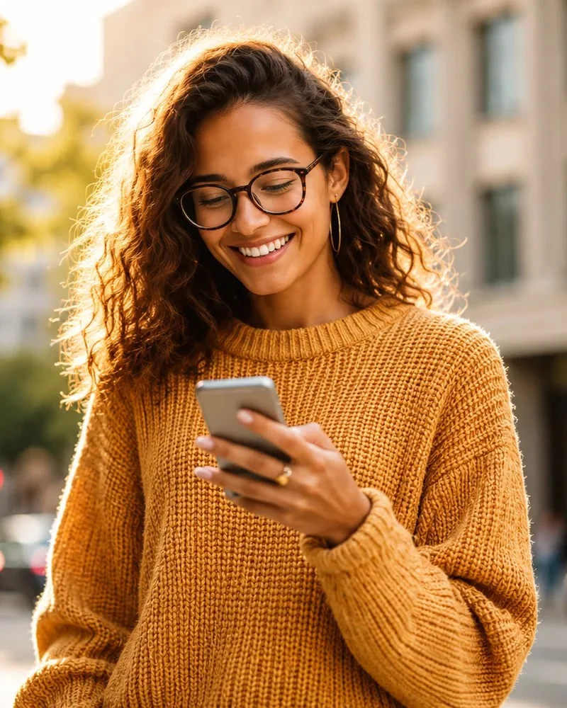 Woman checking her loan application on a phone outdoors